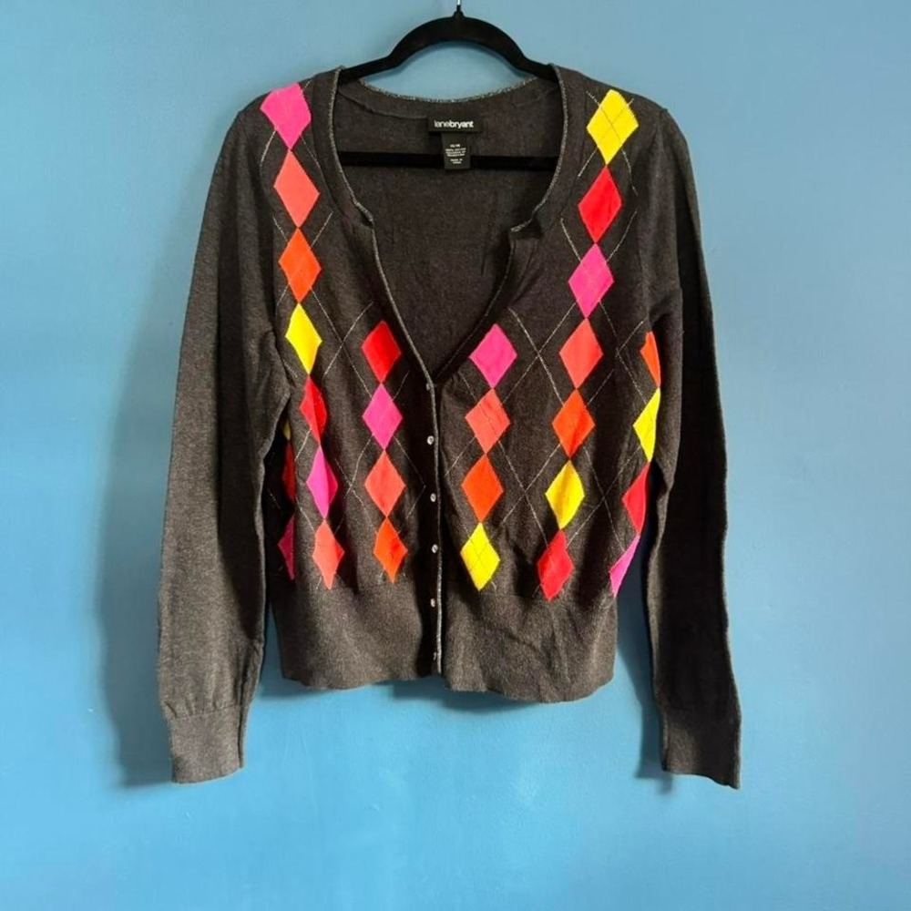 Y2K Lane Bryant Argyle Cardigan Women's Size 14/16 Gray Pink Yellow Preppy Retro